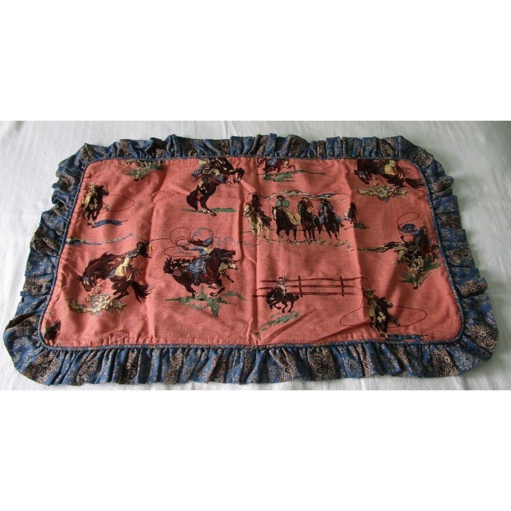 Cowgirl Rodeo Vintage Bark Cloth Pillow Sham Blue Bandana Ruffle EUC